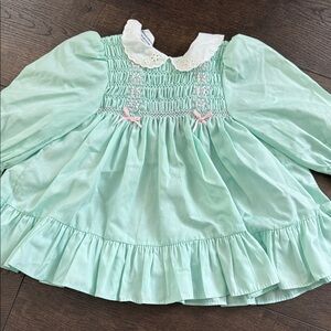 VTG Polly Flinders Toddler Girl 12 Mo Hand Smocked Embroidered Dress Aqua - bow